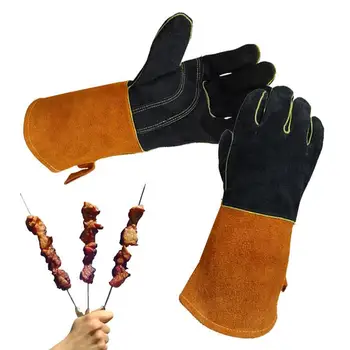 Перчатки для барбекю, Термостойкие Кухонные перчатки из кожи для приготовления пищи на Гриле, Огнестойкие Теплоизоляционные Длинные кухонные рукавицы
